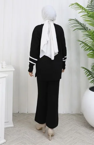 بدلة من قطعتين، بنطال تونك بياقة محبوكة وتفاصيل، لون أسود، رقم 1002-01 1002-01
