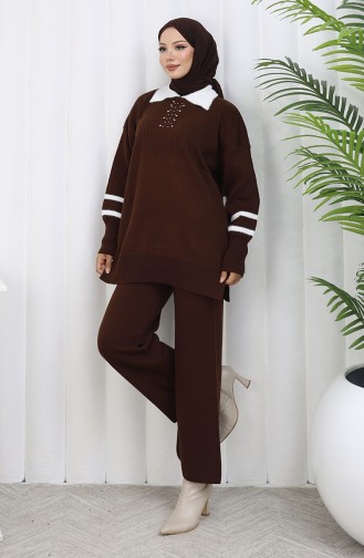 Gebreide Kraag Gedetailleerde Tuniek Broek Tweedelig Pak 1002-04 Bruin 1002-04