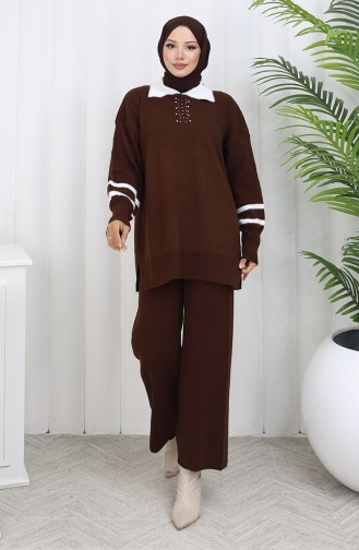 Gebreide Kraag Gedetailleerde Tuniek Broek Tweedelig Pak 1002-04 Bruin 1002-04