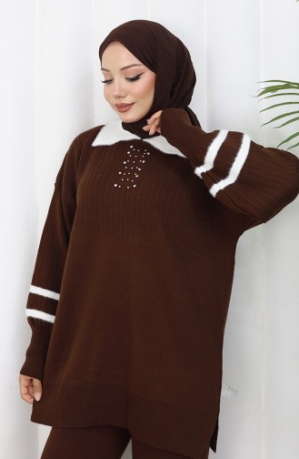 Gebreide Kraag Gedetailleerde Tuniek Broek Tweedelig Pak 1002-04 Bruin 1002-04
