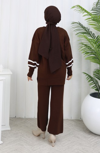 Gebreide Kraag Gedetailleerde Tuniek Broek Tweedelig Pak 1002-04 Bruin 1002-04
