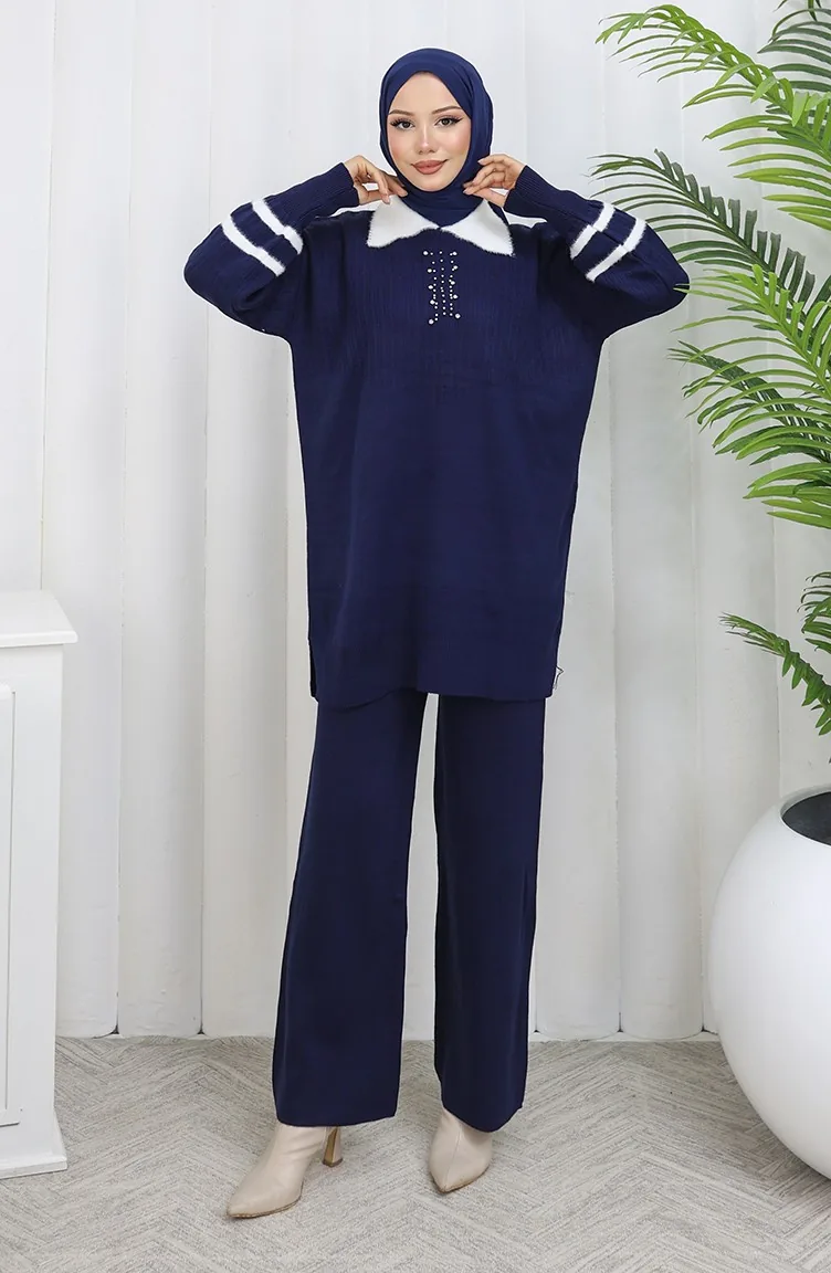 Triko Yaka Detaylı Tunik Pantolon İkili Takım 1002-05 Lacivert