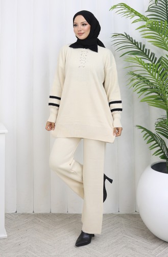 Triko Yaka Detaylı Tunik Pantolon İkili Takım 1002-06 Bej