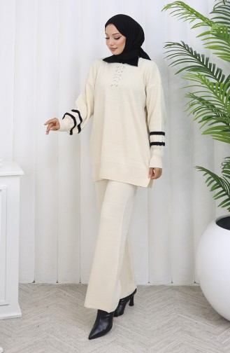Triko Yaka Detaylı Tunik Pantolon İkili Takım 1002-06 Bej