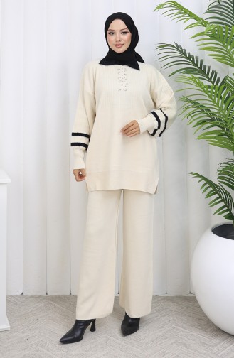 Triko Yaka Detaylı Tunik Pantolon İkili Takım 1002-06 Bej
