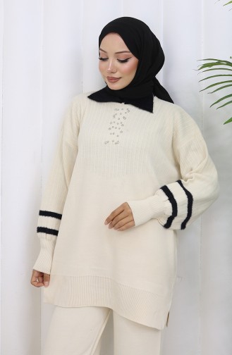 Triko Yaka Detaylı Tunik Pantolon İkili Takım 1002-06 Bej