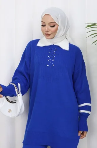 Gebreide Kraag Gedetailleerde Tuniek Broek Tweedelig Set 1002-07 Saks 1002-07