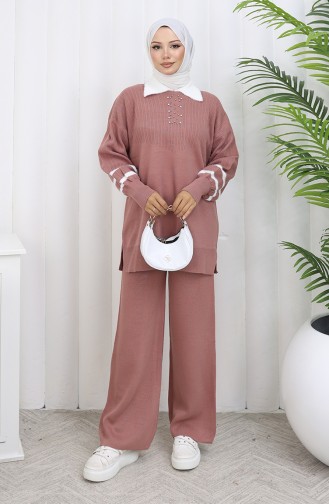 Knitwear Collar Detailed Tunic Trousers Two Piece Set 1002-09 Dusty Rose 1002-09