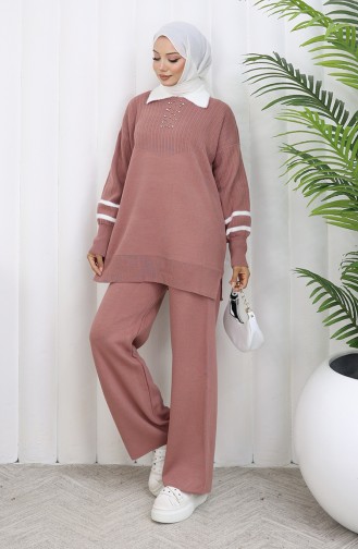 Knitwear Collar Detailed Tunic Trousers Two Piece Set 1002-09 Dusty Rose 1002-09