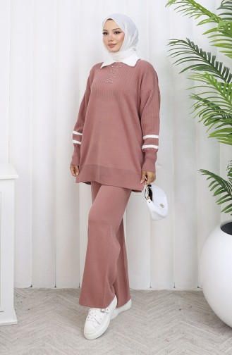Knitwear Collar Detailed Tunic Trousers Two Piece Set 1002-09 Dusty Rose 1002-09