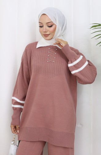 Knitwear Collar Detailed Tunic Trousers Two Piece Set 1002-09 Dusty Rose 1002-09