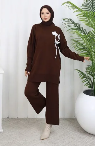 Ensemble Deux Pièces En Tricot Tunique Et Pantalon à Détails Floraux 1037-01 Marron 1037-01