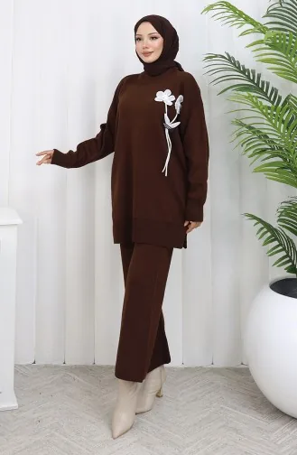 Ensemble Deux Pièces En Tricot Tunique Et Pantalon à Détails Floraux 1037-01 Marron 1037-01