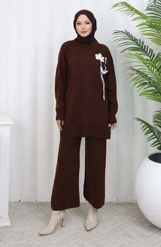 Ensemble Deux Pièces En Tricot Tunique Et Pantalon à Détails Floraux 1037-01 Marron 1037-01