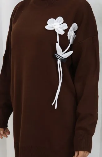 Ensemble Deux Pièces En Tricot Tunique Et Pantalon à Détails Floraux 1037-01 Marron 1037-01