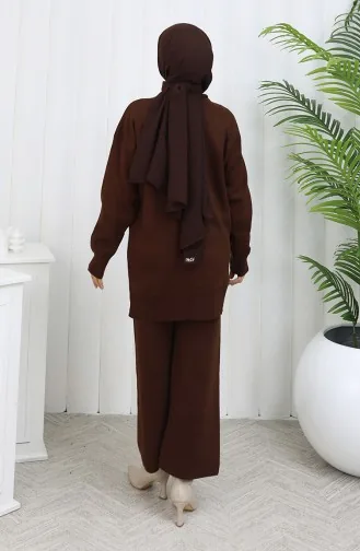 Ensemble Deux Pièces En Tricot Tunique Et Pantalon à Détails Floraux 1037-01 Marron 1037-01