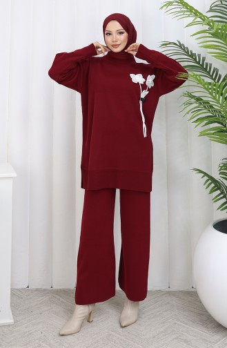 Gebreid Bloemenpatroon Tuniek Broek Tweedelig Pak 1037-02 Bordeauxrood 1037-02