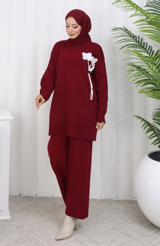Gebreid Bloemenpatroon Tuniek Broek Tweedelig Pak 1037-02 Bordeauxrood 1037-02