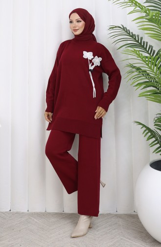 Gebreid Bloemenpatroon Tuniek Broek Tweedelig Pak 1037-02 Bordeauxrood 1037-02