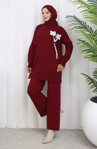Ensemble Deux Pièces En Tricot Tunique Et Pantalon à Détails Floraux 1037-02 Bordeaux 1037-02