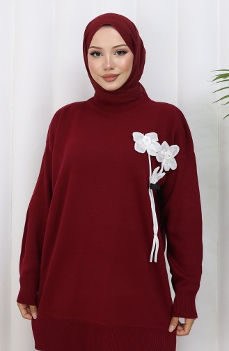 Gebreid Bloemenpatroon Tuniek Broek Tweedelig Pak 1037-02 Bordeauxrood 1037-02