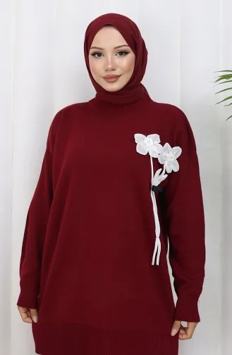 Ensemble Deux Pièces En Tricot Tunique Et Pantalon à Détails Floraux 1037-02 Bordeaux 1037-02