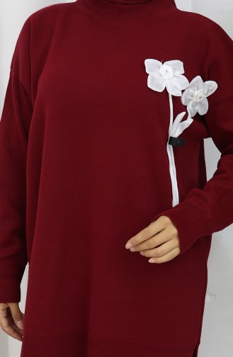Gebreid Bloemenpatroon Tuniek Broek Tweedelig Pak 1037-02 Bordeauxrood 1037-02