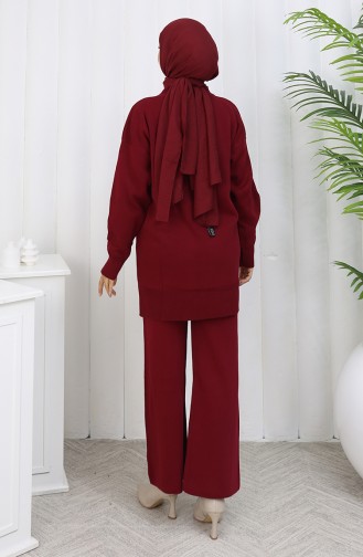 Gebreid Bloemenpatroon Tuniek Broek Tweedelig Pak 1037-02 Bordeauxrood 1037-02