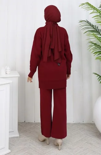 Ensemble Deux Pièces En Tricot Tunique Et Pantalon à Détails Floraux 1037-02 Bordeaux 1037-02