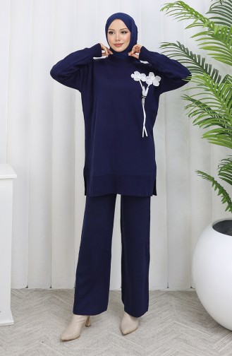Strickmode Blumen Detail Tunika Hose Zweiteiler 1037-04 Marineblau 1037-04