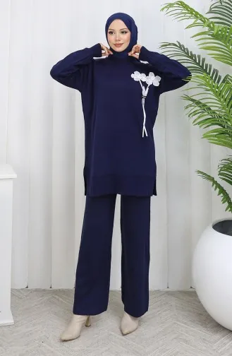 Ensemble Deux Pièces En Tricot Tunique Et Pantalon à Détails Floraux 1037-04 Bleu Marine 1037-04