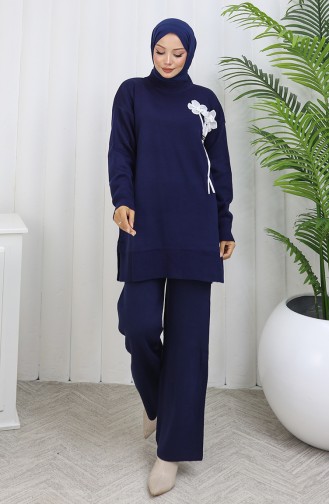 Strickmode Blumen Detail Tunika Hose Zweiteiler 1037-04 Marineblau 1037-04