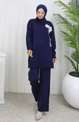 Ensemble Deux Pièces En Tricot Tunique Et Pantalon à Détails Floraux 1037-04 Bleu Marine 1037-04