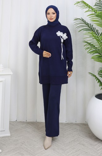 Strickmode Blumen Detail Tunika Hose Zweiteiler 1037-04 Marineblau 1037-04