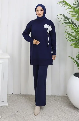 Ensemble Deux Pièces En Tricot Tunique Et Pantalon à Détails Floraux 1037-04 Bleu Marine 1037-04