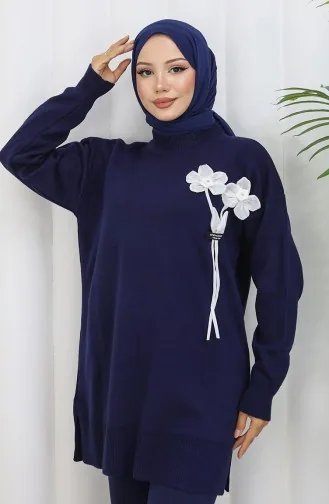 Ensemble Deux Pièces En Tricot Tunique Et Pantalon à Détails Floraux 1037-04 Bleu Marine 1037-04