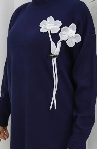 Ensemble Deux Pièces En Tricot Tunique Et Pantalon à Détails Floraux 1037-04 Bleu Marine 1037-04