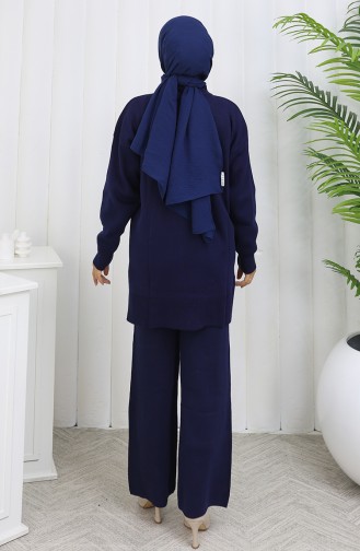 Strickmode Blumen Detail Tunika Hose Zweiteiler 1037-04 Marineblau 1037-04