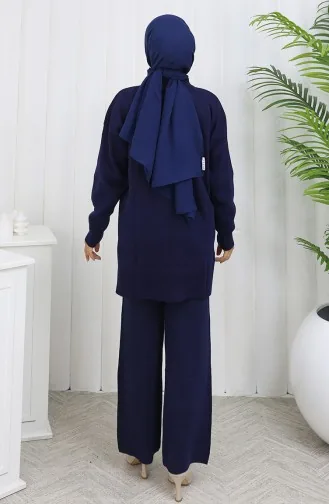 Ensemble Deux Pièces En Tricot Tunique Et Pantalon à Détails Floraux 1037-04 Bleu Marine 1037-04