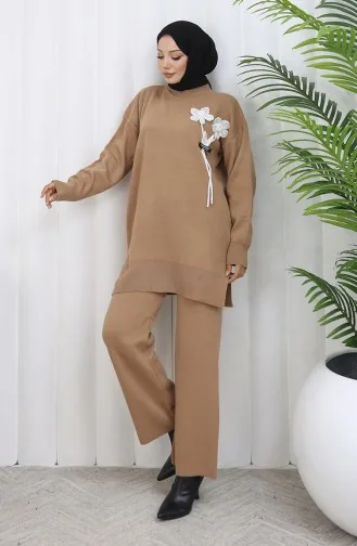 Ensemble Deux Pièces En Tricot Tunique Et Pantalon à Détails Floraux 1037-05 Café Au Lait 1037-05