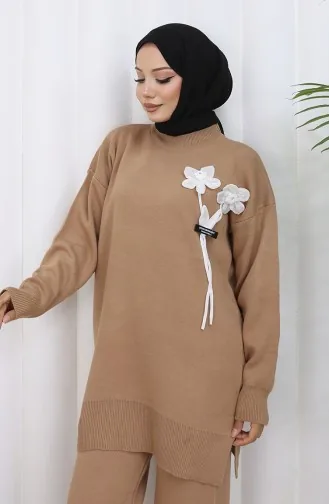Ensemble Deux Pièces En Tricot Tunique Et Pantalon à Détails Floraux 1037-05 Café Au Lait 1037-05
