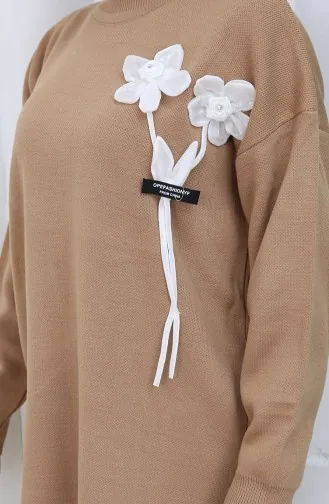 Ensemble Deux Pièces En Tricot Tunique Et Pantalon à Détails Floraux 1037-05 Café Au Lait 1037-05