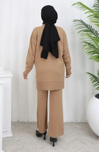 Ensemble Deux Pièces En Tricot Tunique Et Pantalon à Détails Floraux 1037-05 Café Au Lait 1037-05