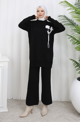 Gebreid Bloemenpatroon Tuniek Broek Tweedelig Pak 1037-06 Zwart 1037-06