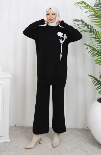 Ensemble Deux Pièces En Tricot Tunique Et Pantalon à Détails Floraux 1037-06 Noir 1037-06