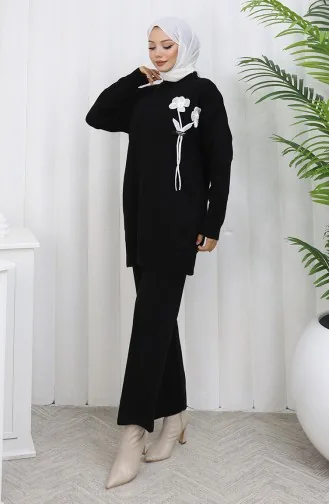 Ensemble Deux Pièces En Tricot Tunique Et Pantalon à Détails Floraux 1037-06 Noir 1037-06