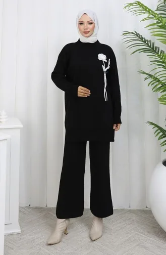 Ensemble Deux Pièces En Tricot Tunique Et Pantalon à Détails Floraux 1037-06 Noir 1037-06