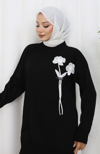 Gebreid Bloemenpatroon Tuniek Broek Tweedelig Pak 1037-06 Zwart 1037-06