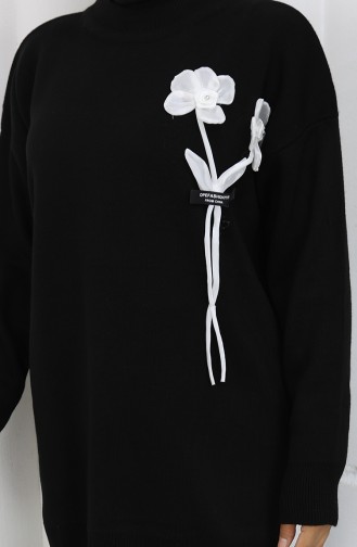 Gebreid Bloemenpatroon Tuniek Broek Tweedelig Pak 1037-06 Zwart 1037-06
