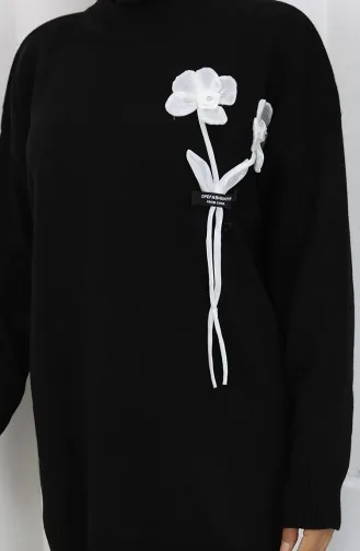 Ensemble Deux Pièces En Tricot Tunique Et Pantalon à Détails Floraux 1037-06 Noir 1037-06